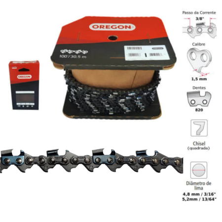 Corrente Motosserra 3/8" 1,5mm 820 Dentes Quadrado 2 Guias
