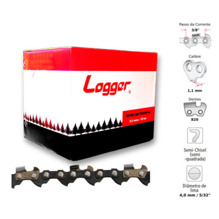 Corrente Motosserra 3/8" 1,1mm 820 Dentes Semiquadrado 1 Guia Logger