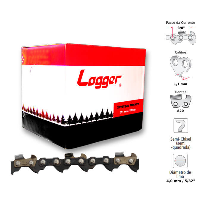 Corrente Motosserra 3/8" 1,1mm Semiquadrado Logger