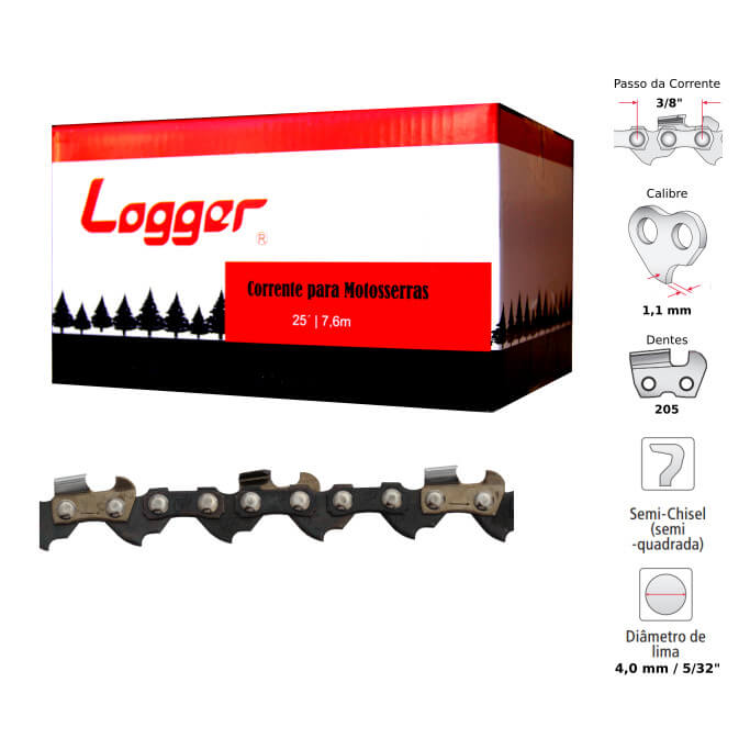 Corrente Motosserra 3/8" 1,1mm Semiquadrado Logger