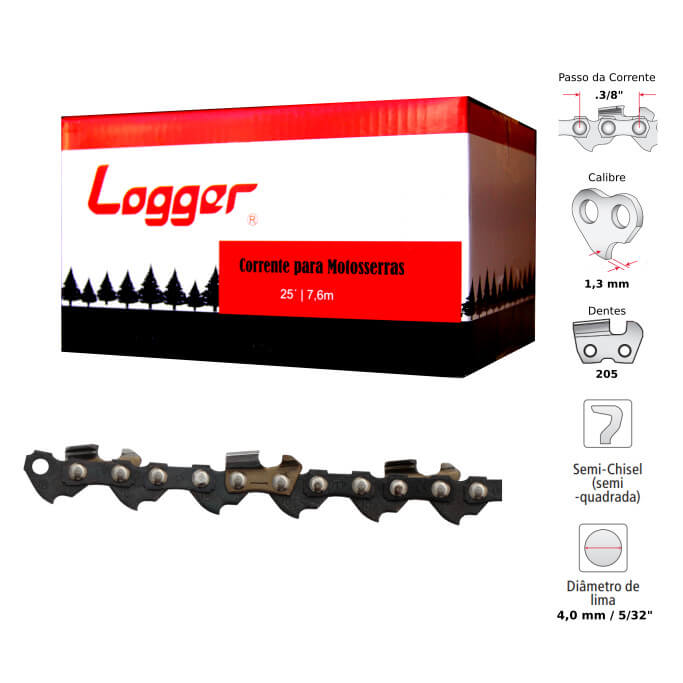 Corrente Motosserra 3/8" 1,3mm Semiquadrado Logger