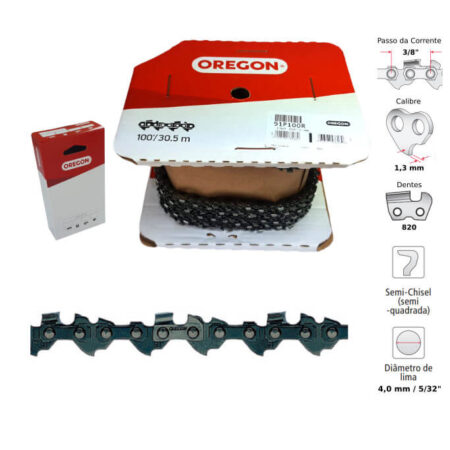 Corrente Motosserra 3/8" 1,3mm 820 Dentes Semiquadrado 1 Guia